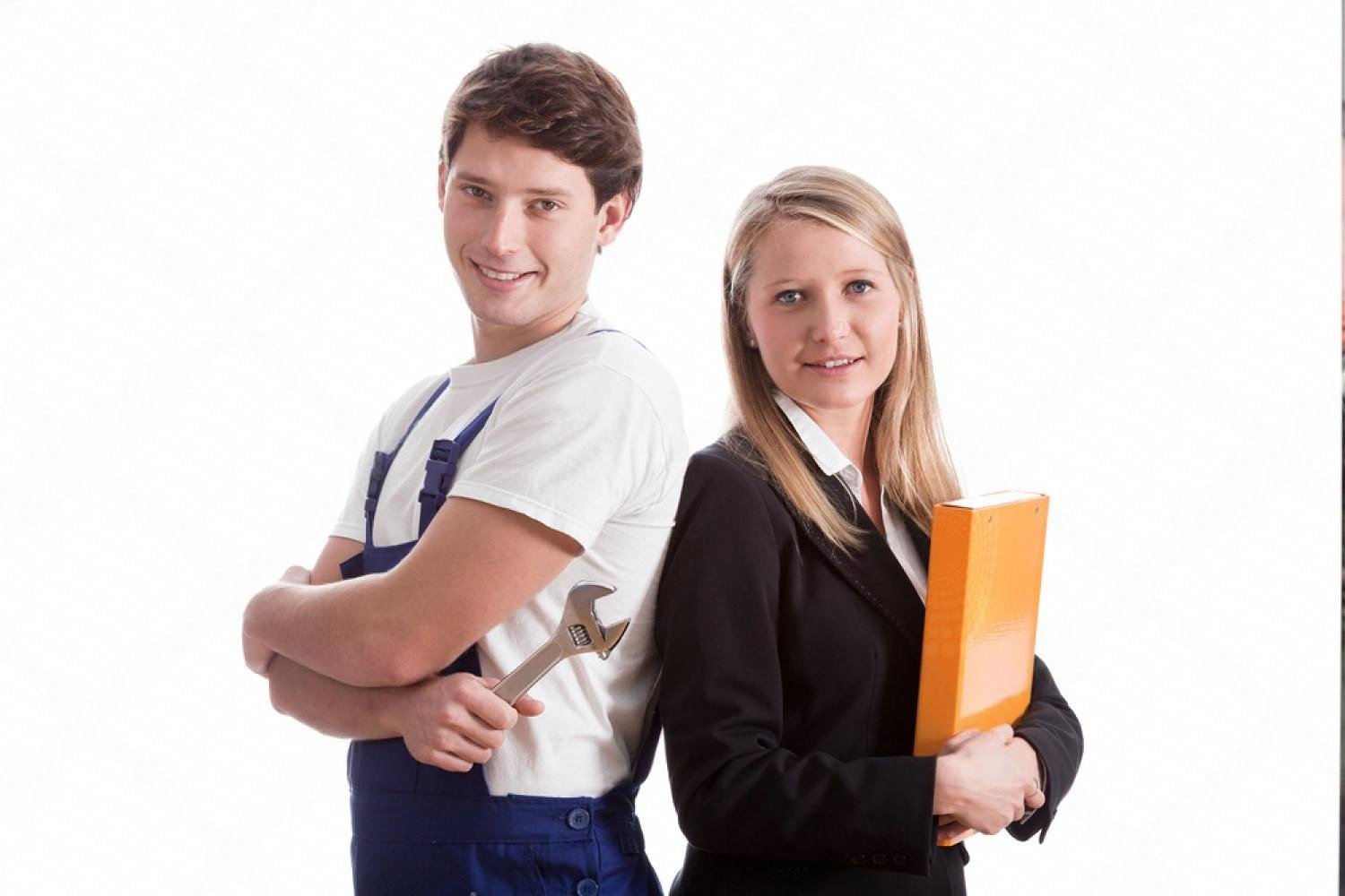 A young man in workwear and a woman in a business suit representing vocational and management career paths available through Qualifi qualifications